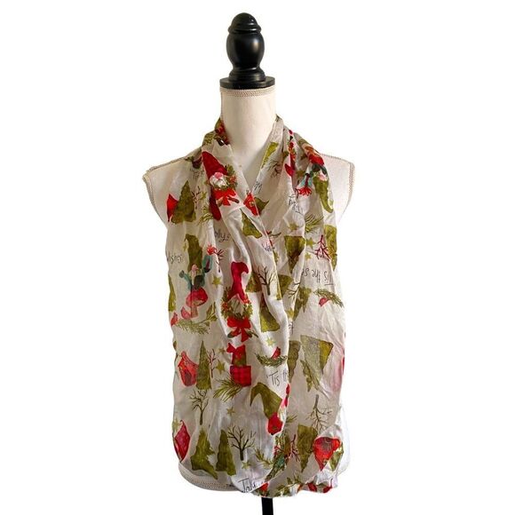 Christmas House Holiday Gnome Holly Wreath Print Shabby Chic Fashion Scarf OSFM - Picture 1 of 4